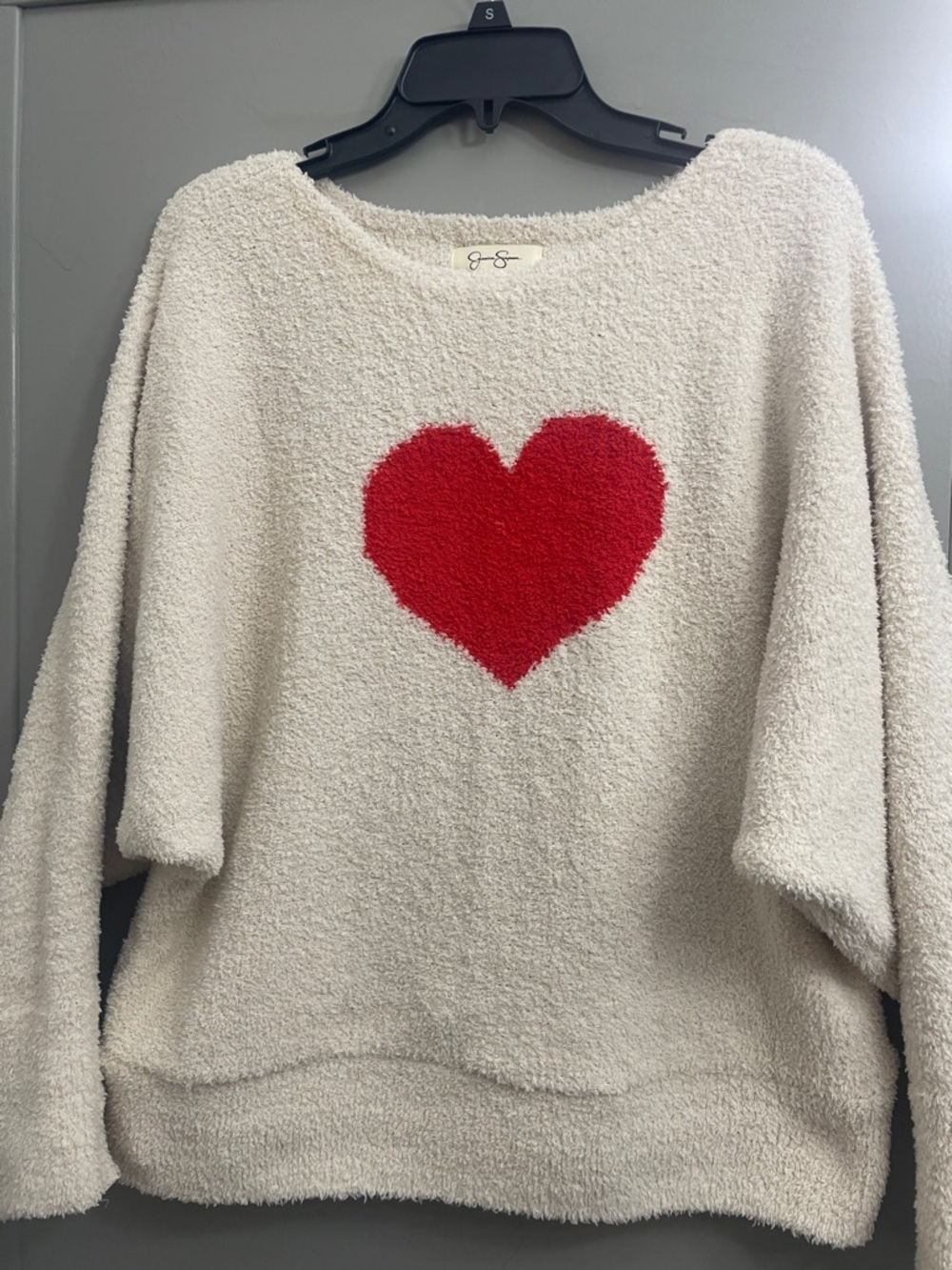 Cozy Cream Heart Plush Sweater with Red Heart